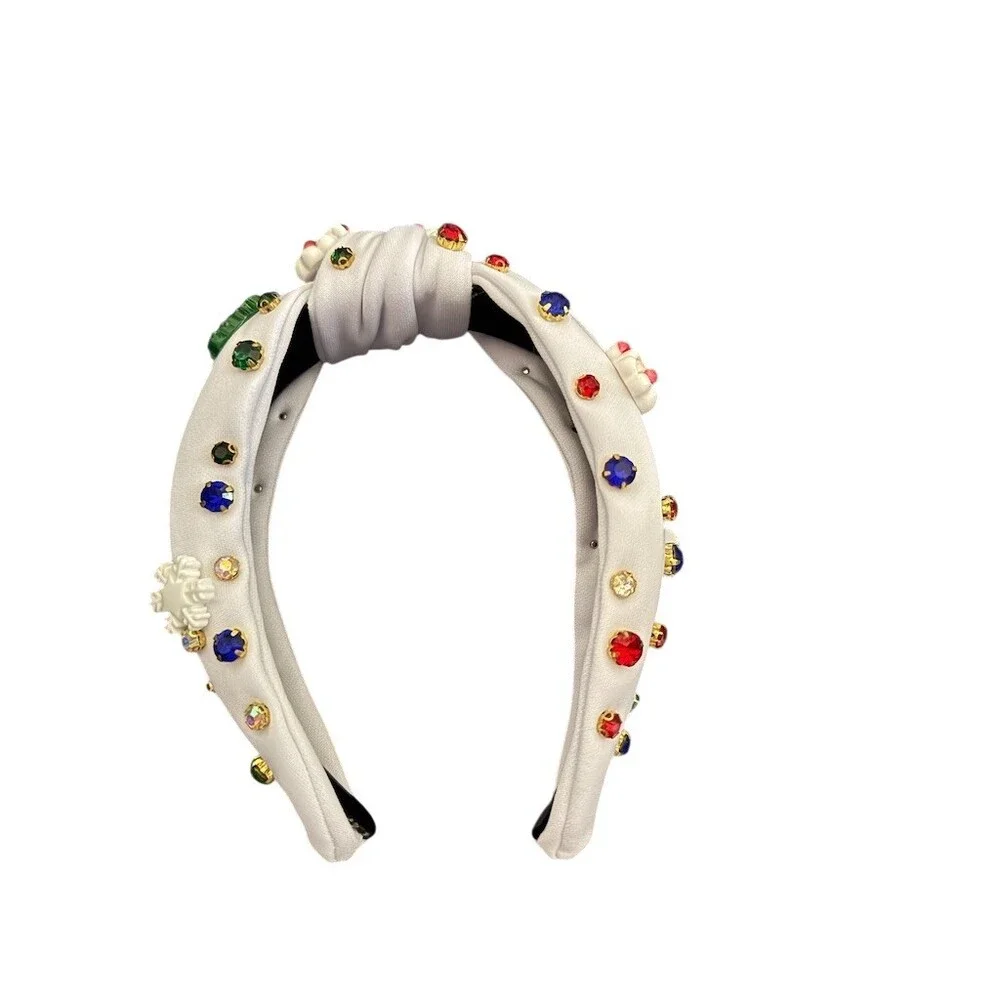 White Knotted Padded Headband Multicolor Rhinestones Christmas Charms